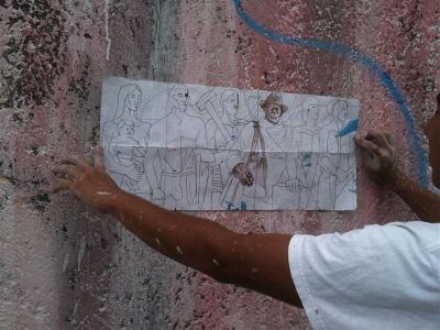 Colectivo Zenzontle Pintando Mural en Avenida Zaragoza, San Vicente Chicoloapan. Foto tomada el 2 de Agosto de 2012
